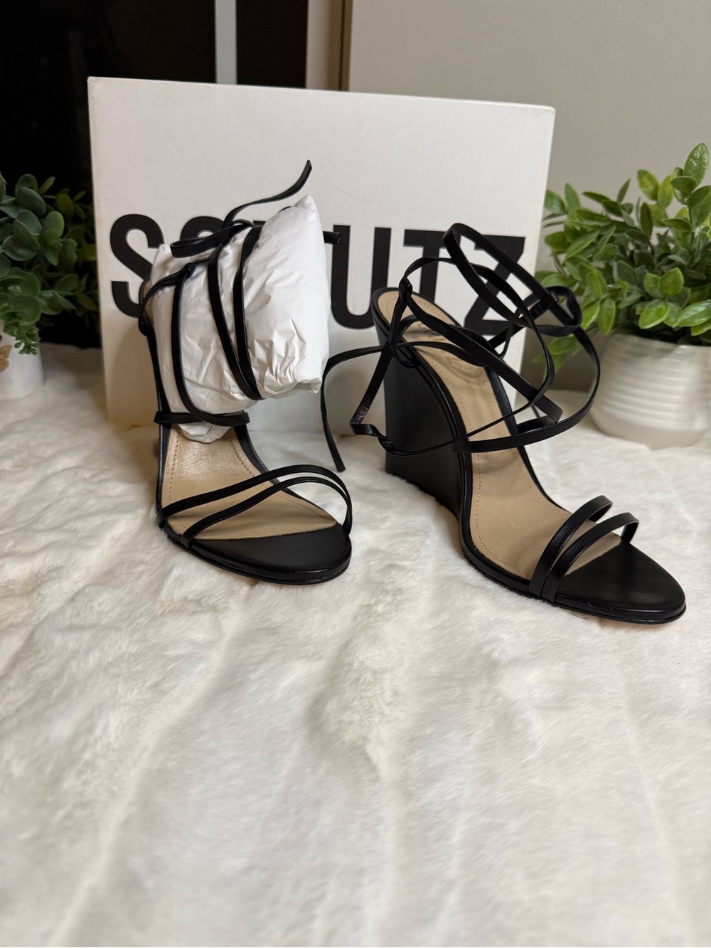 NWT - SCHUTZ Black Strappy Ankle-Tie Wedge Sandals - Size 9.5 - Picture 7 of 9